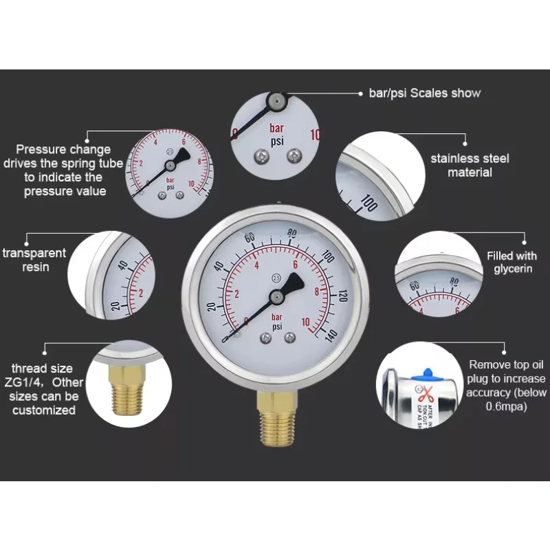Quick installation of 1/4 thread connection industry standard pressure gauge, large range 63mm glycerin filled pressure gauge