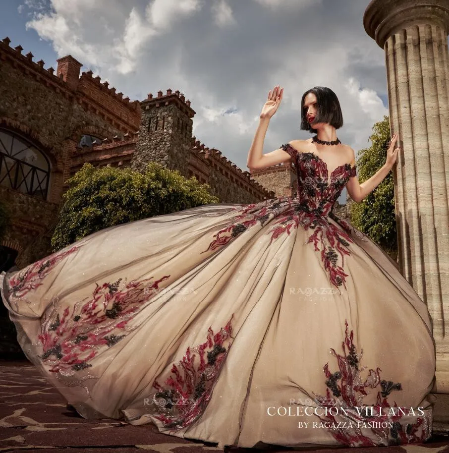 Vestidos de princesa para quinceañera, traje brillante con hombros descubiertos, color Burdeos y negro, para graduación, 15 años, champán