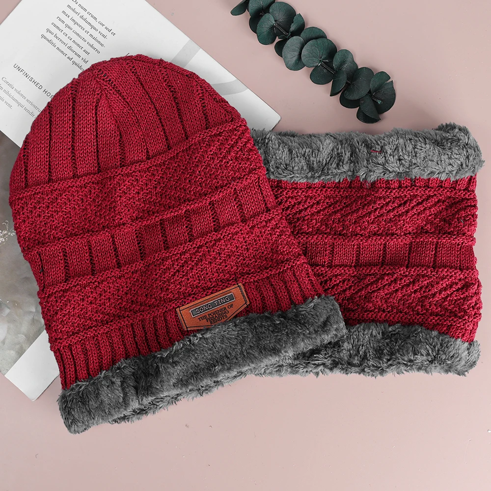 Conjunto de chapéu e cachecol coral masculino, engrossar mais máscara de veludo, cachecóis, capa de pescoço tricotada, caves, Gorros, ao ar livre, quente, inverno