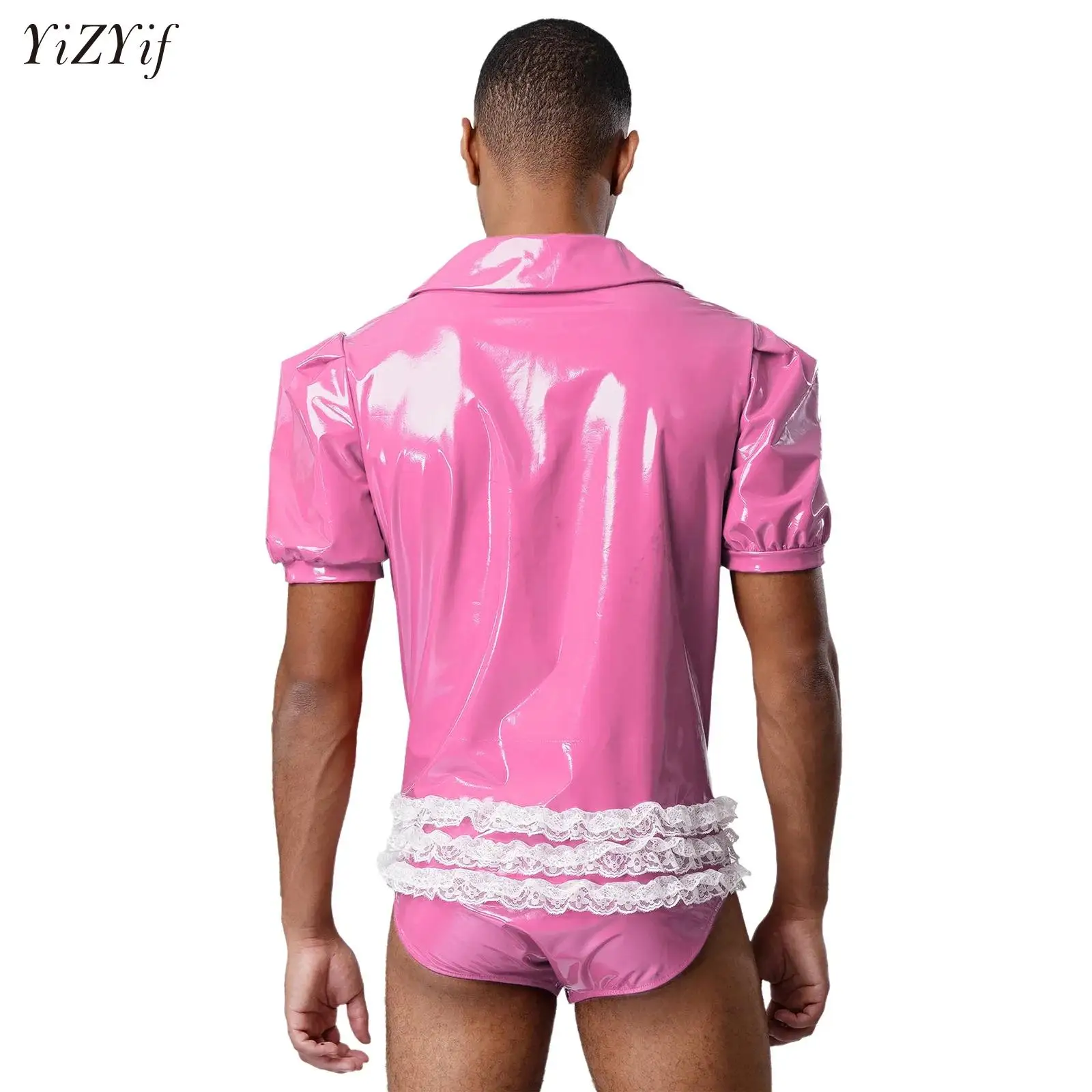 

Adults Men Shiny Leather Slim Fit Jumpsuit Sissy Maid Lace Ruffled Crotch Press Buttons Bodysuit for Nightclub Party Clubwear