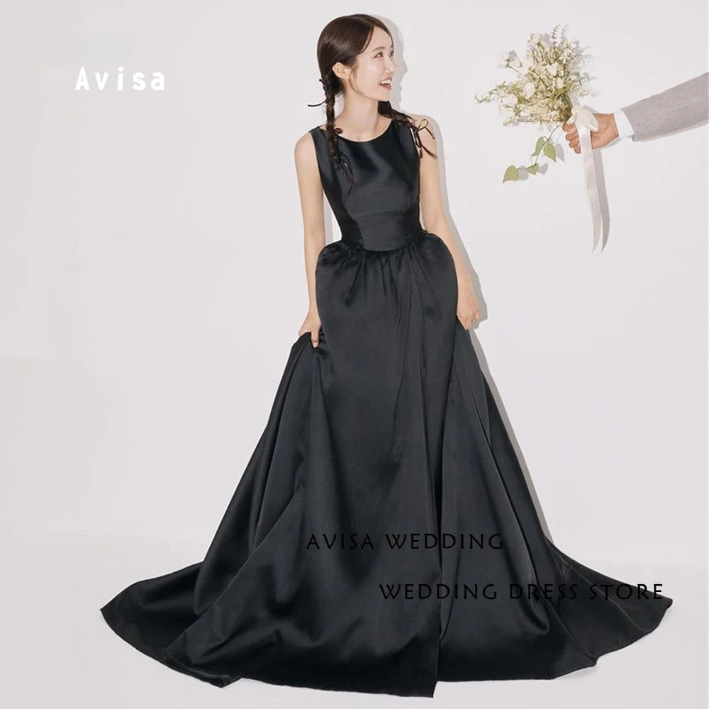 

Avisa O Neck Korea Black Evening Dresses Satin Wedding Photo Shoot Sleeveless Prom Occasion Gown Custom Backless Party Dress