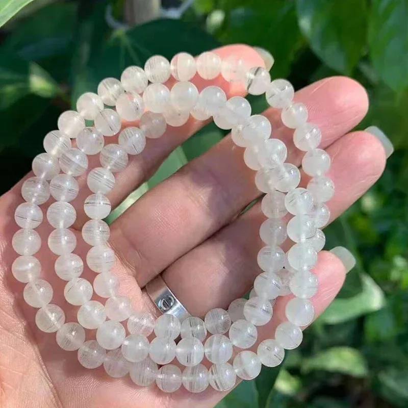 White Ghost Natural Crystal Bracelet 6mm Round Beads Bracelets Lucky for Women Men Three Layers Fashion Jewelry