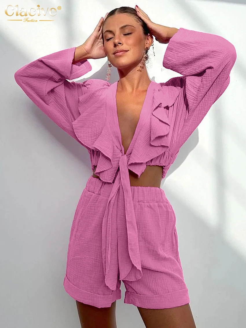 

Clacive Fashion Loose Green Cotton Women's Two Piece Set 2025 Sexy Long Sleeve Ruffle Crop Top With High Waist Shorts Set Female