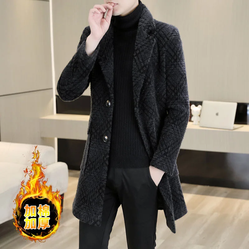 Fashion Woolen Coats Plaid Print Pattern Men Winter Jacket Men Classic Medium Length Trench Slim Fit Overcoat Men Coats Hombre