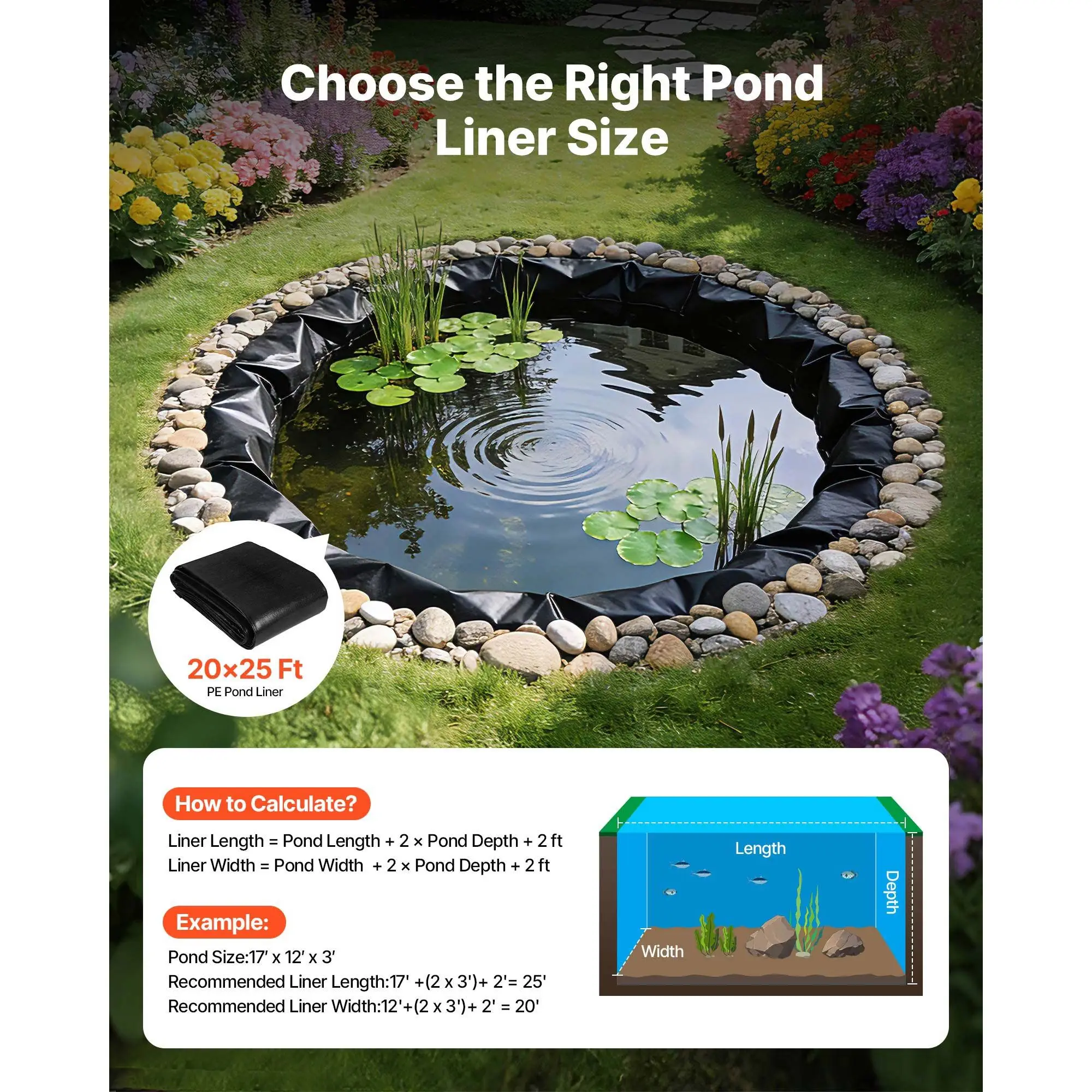20 X 25 Ft Pond Liner, 14 Mil Thickness, 3-Layer Reinforced PE Fish Koi Pond Liner for Outdoor Ponds, with Hemmed Edge and 4