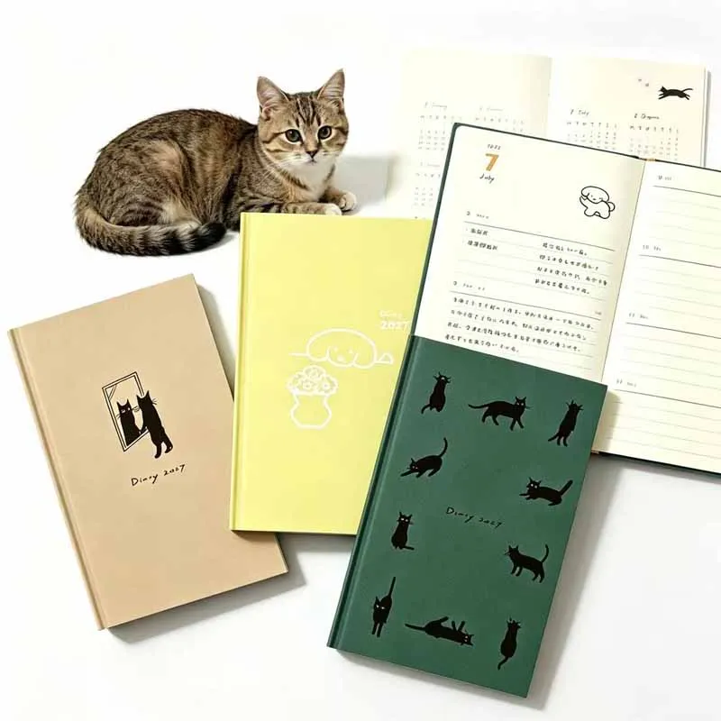 2027 Agenda Book Cat Dog Illustration Hard Shell Notebook Diary Calendar Time Management Diary Learning Planning Notebook