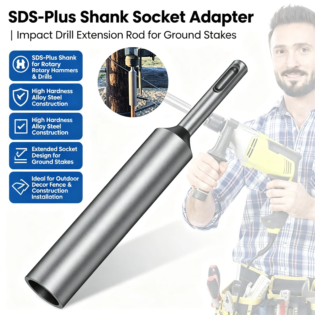 Punta SDS Plus para varilla de tierra de 17 mm, de acero endurecido de alta resistencia, para taladro percutor rotatorio y herramientas eléctricas