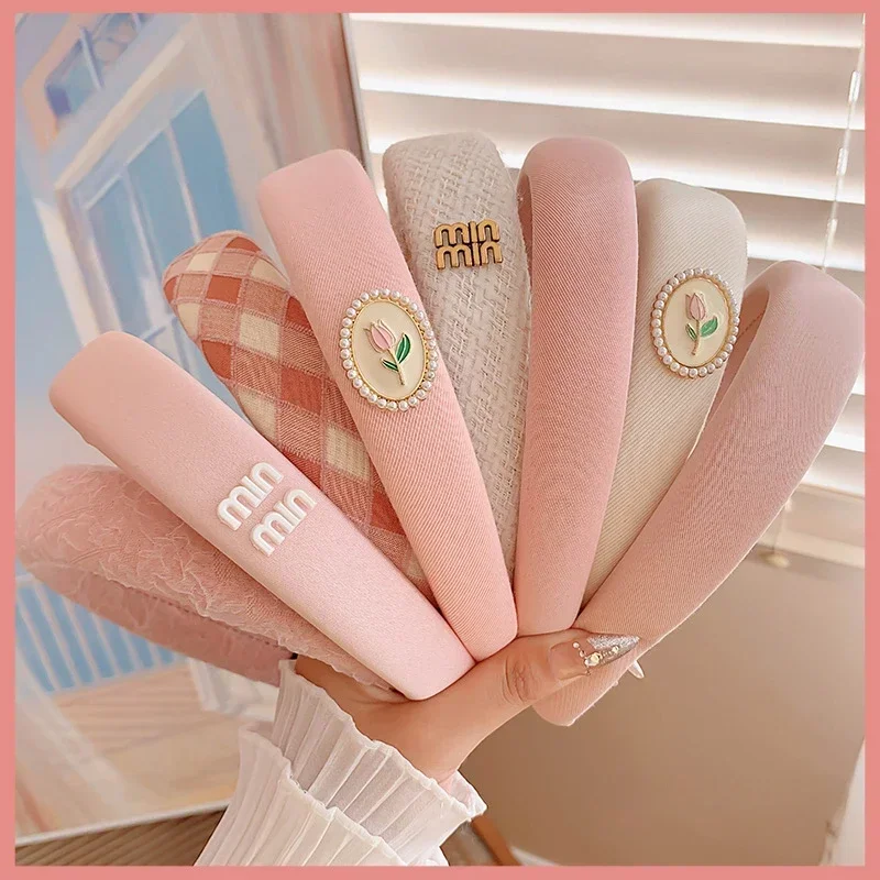 2025 Simple Pink and White Women's Versatile Pressure Hairband High Top Wide Edge Sponge Hair Clip Face Showing Small Hair Clip