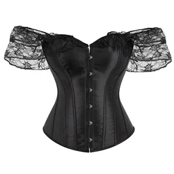 Womens Gothic Corset Satin Sexy Plus Size Short-Sleeve Lace Up Boned Bustier Top Shapewear Clubwear Party Club Night Corselet