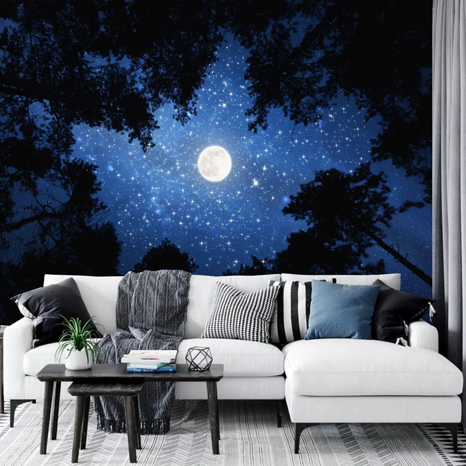 Forest Galaxy Starry Tapestry Blue Space Night Sky Stars Moon Ceiling Tapestry Nature Trees Tapestries Aesthetic Wall Hanging
