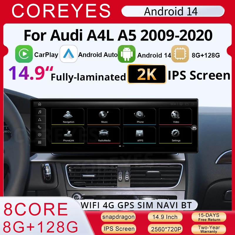 COREYES 10.25'' 14.9'' Android14 Car Multimedia Video Player For Audi A4 A4L A5 LHD 2017-2019 Carpaly Auto GPS Navi 4G Tools BT