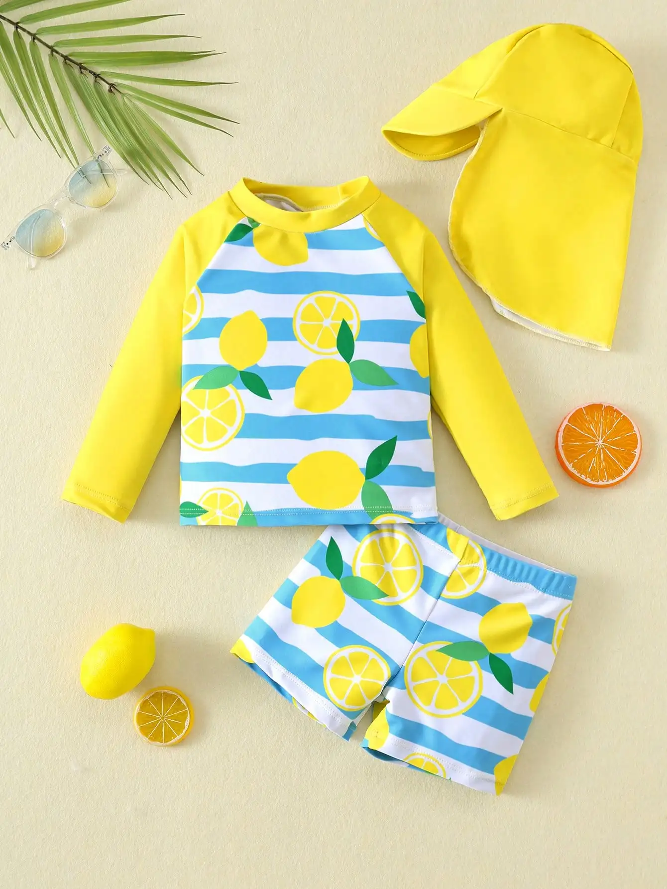 

Комплект из 3 предметов: купальник-рашгард с лимонными полосками, с длинными рукавами, для защиты от солнца