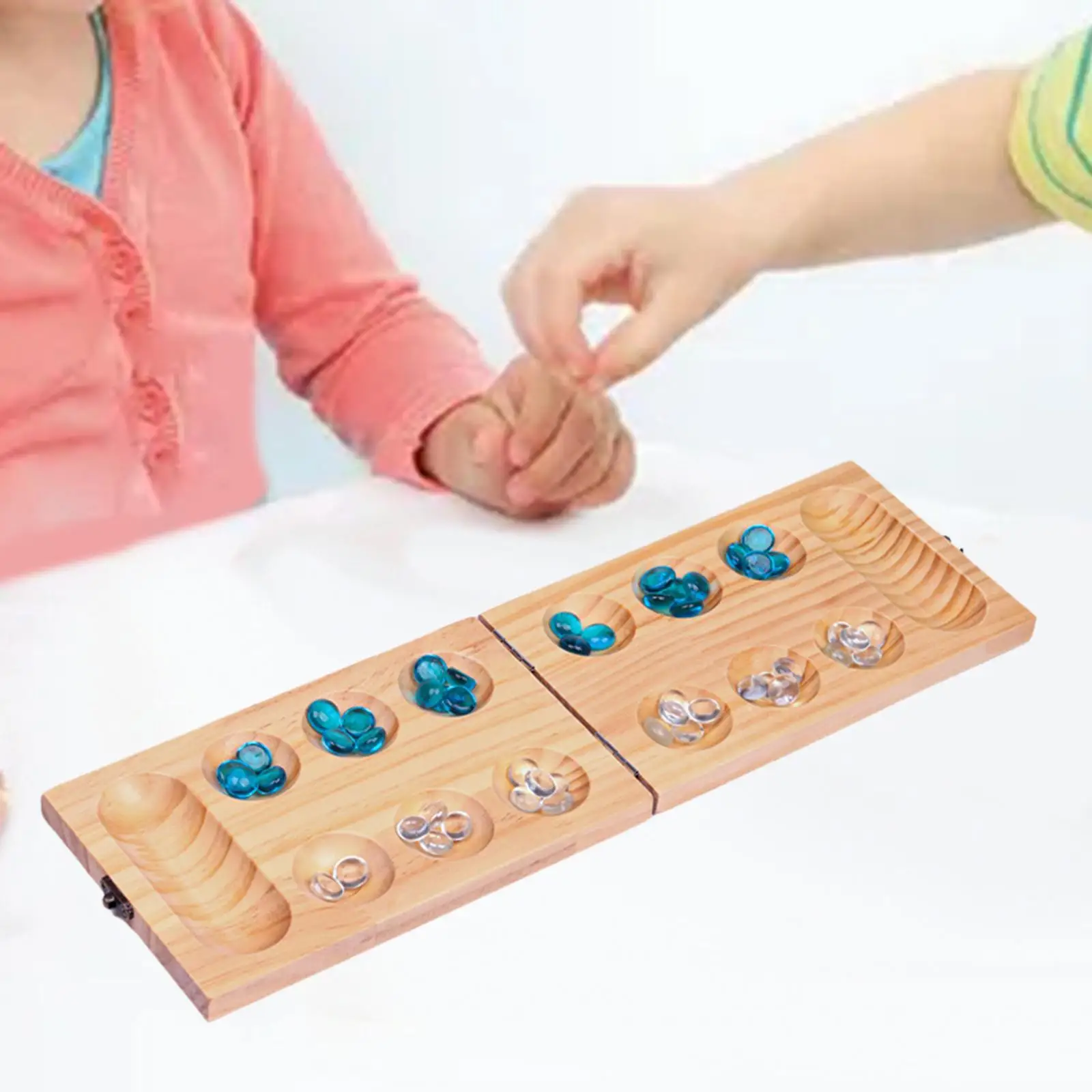 Set papan permainan Mancala lipat kayu, permainan papan Mancala dengan kunci, strategi klasik 48 batu untuk pesta anak-anak