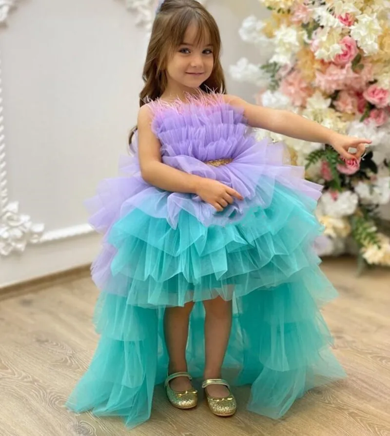 Fashion Lilac Aqua Flower Girl Dresses Sequin Bow Tulle Feather Wedding Birthday Party Dress Child Kids Pageant Tiered Ball Gown