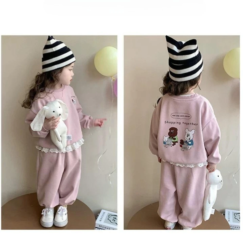

2-7-year-old Cute Baby Girl Clothing Spring and Autumn Cartoon Printed Long Sleeved Lace Patchwork Top + Pants Children's Set