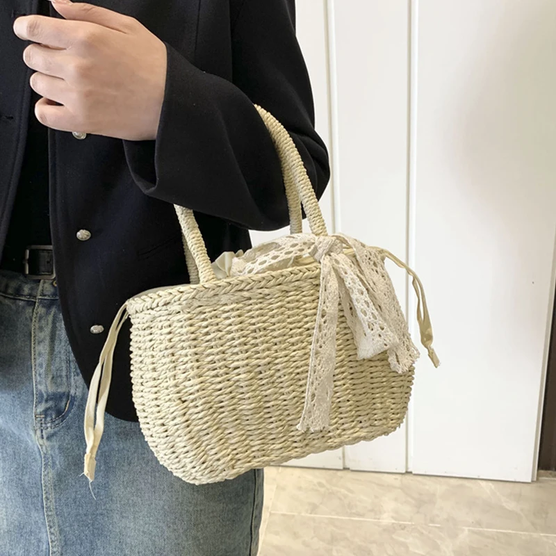 Women Straw Woven Drawstring Handbag Girls Solid Color Holiday Purse Crossbody Beach Bags Summer Rattan Tote