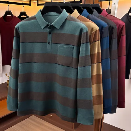 Einfaches Herren-Poloshirt mit langen Ärmeln, Kragen, Brusttasche, Knopfleiste, für Büro, Frühling, Herbst, Freizeit. – Detail 20