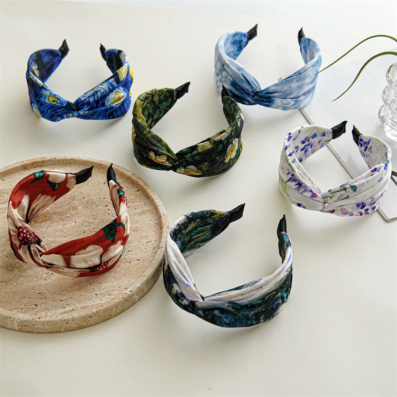 Summer New Retro High Cranio-Top Cross Headband Printed Fabrics Version Fashion Wide Edge Hair Hoop Hair Accessories