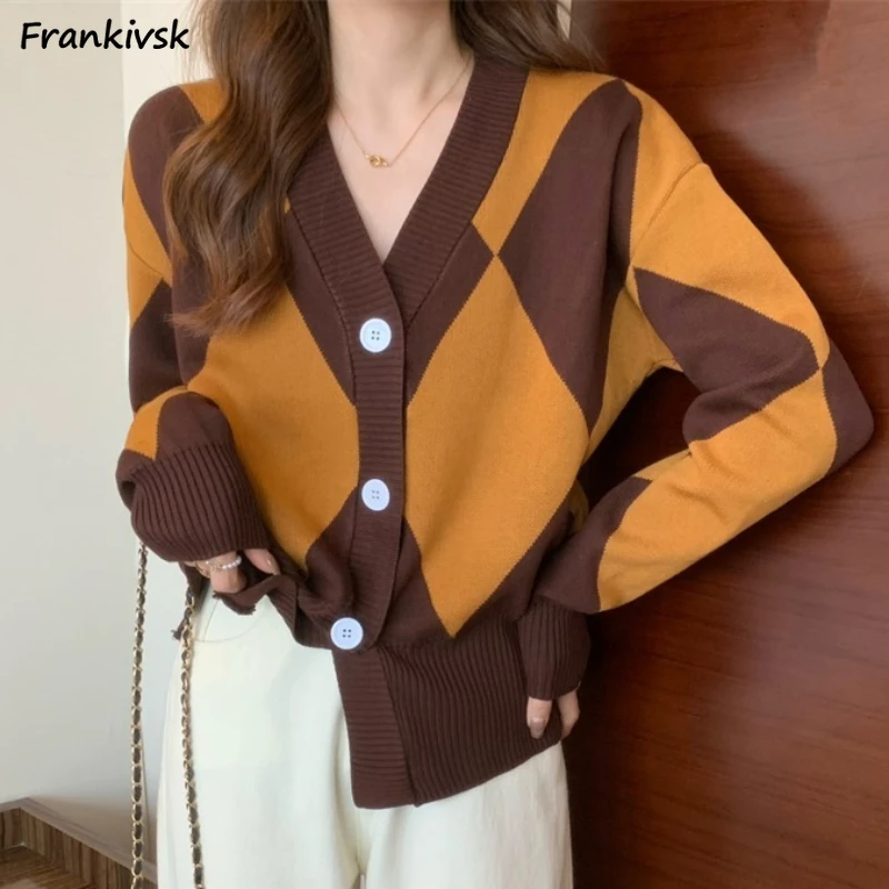 

Cardigan Women Argyle Bright Clothes Autumn Panelled All-match Popular Streetwear Office Lady Elegant Advanced Hipster Casual