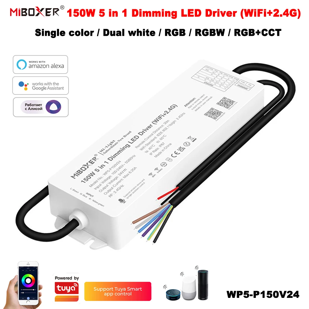 MiBoxer WP5-P150V24 Tuya Smart 24V 150W WiFi+2.4G Dimmer Waterproof Driver for Single Color/Dual White/RGB/RGBW/RGBCCT LED Strip