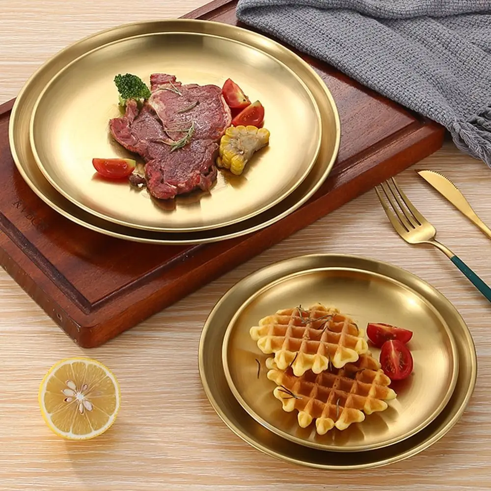 Assiette en acier inoxydable peu profonde, disque à manger, accessoires de cuisine, Escalade alimentaire 14 cm, 17 cm, 20 cm, 23 cm, 26cm, Fruits, Gâteaux, Collations, Pâtes, Steak, 1PC