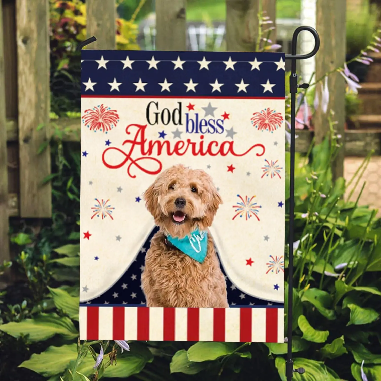Goldendoodle Dog Garden Flag, Cute Dog God Bless America Flag US 4th of July House Flag Decor, 12x18 Inch Printed Double Sid SSL