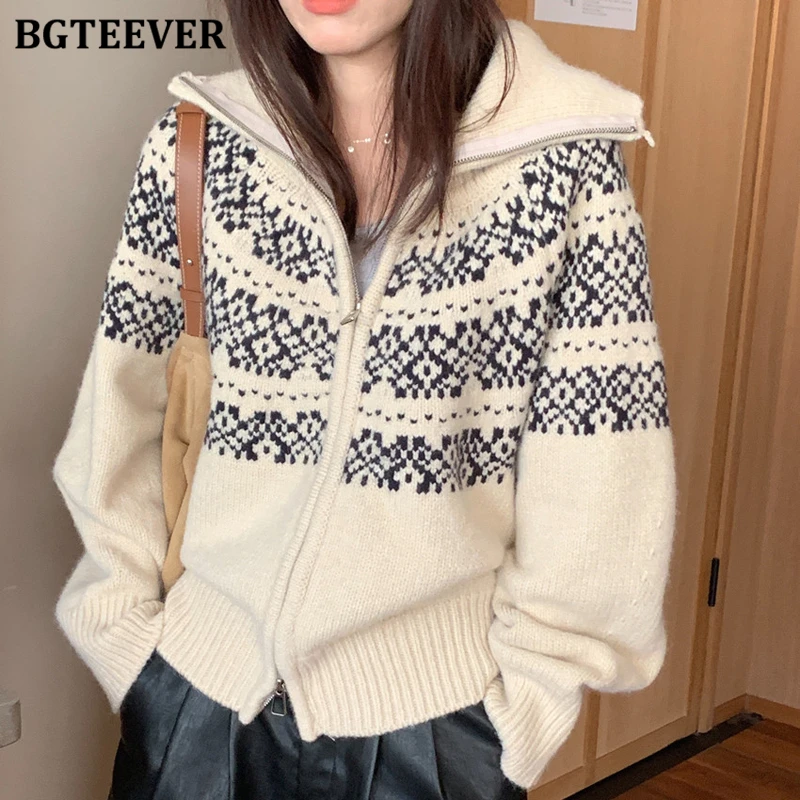 

BGTEEVER шикарные осенне-зимние теплые свободные женские жаккардовые вязаные кардиганы на молнии, элегантные женские свитера с длинными рукавами, пальто