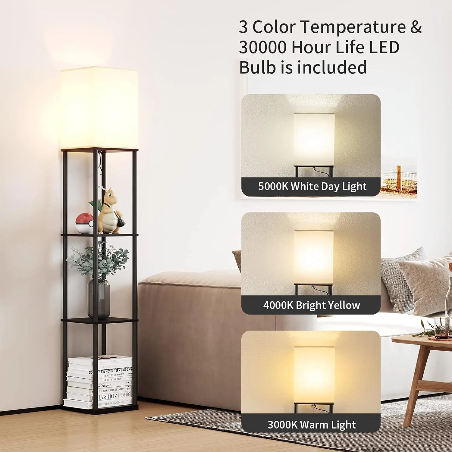 Floor Lamp with Shelves, Modern Square Standing Lamp with 3 Color Temperature Bulb