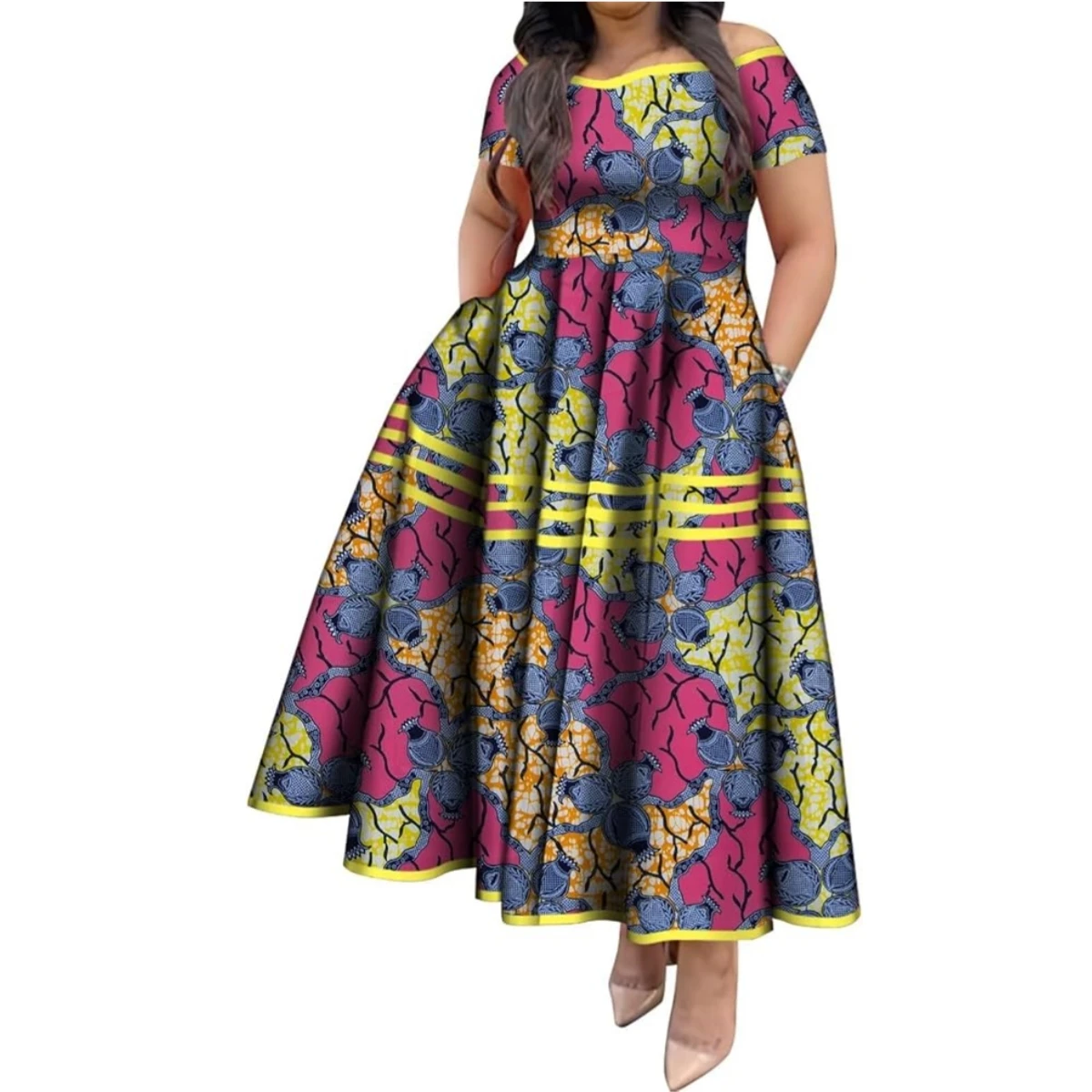

BintaRealWax African Dresses for Women Elegant African Print Short Sleeve High Waist Maxi Dress Africa Clothing WY3629