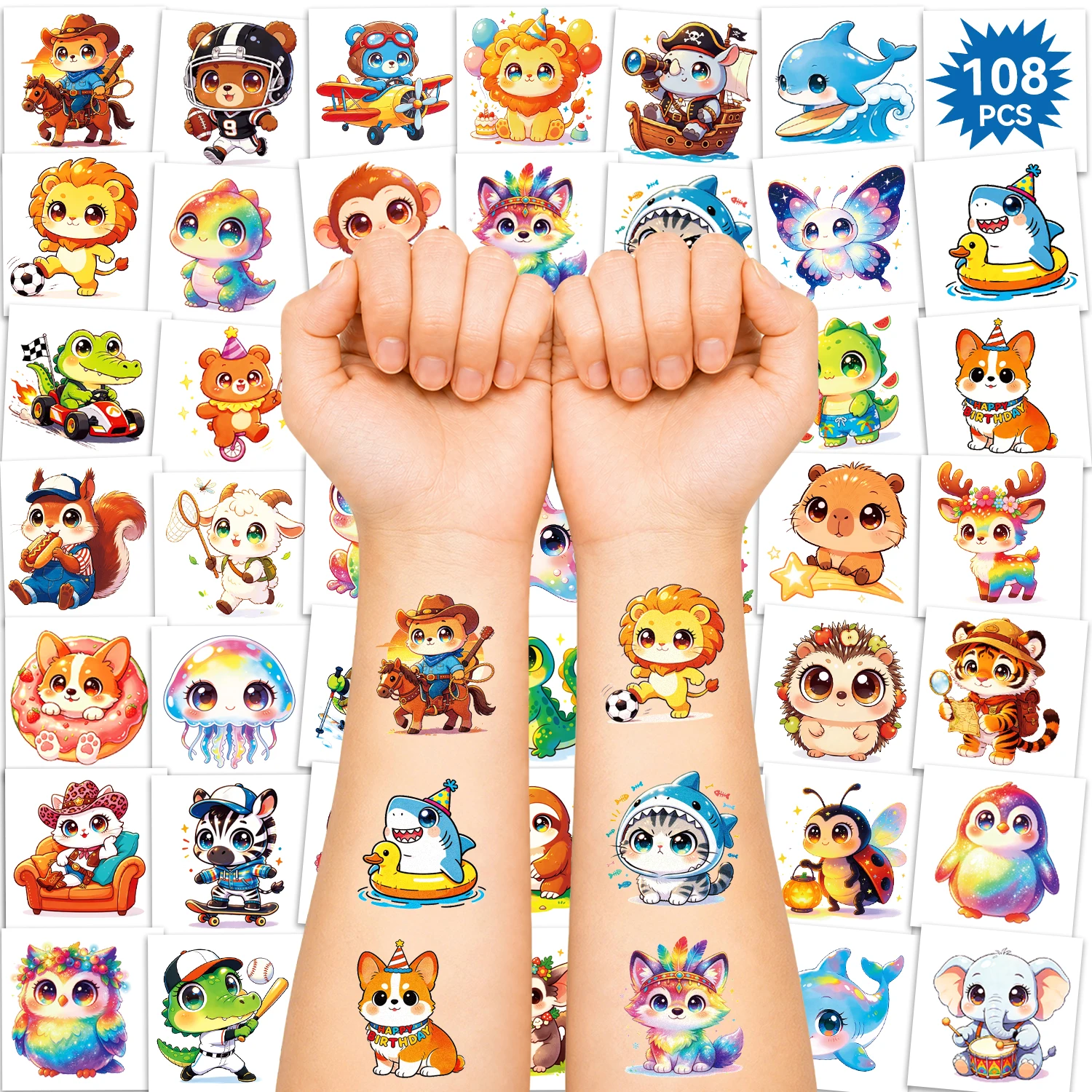 108 tatuajes temporales precortados grandes para regalos pequeños, pegatinas de animales lindos variados para recuerdos de fiestas de cumpleaños, bolsas de regalos