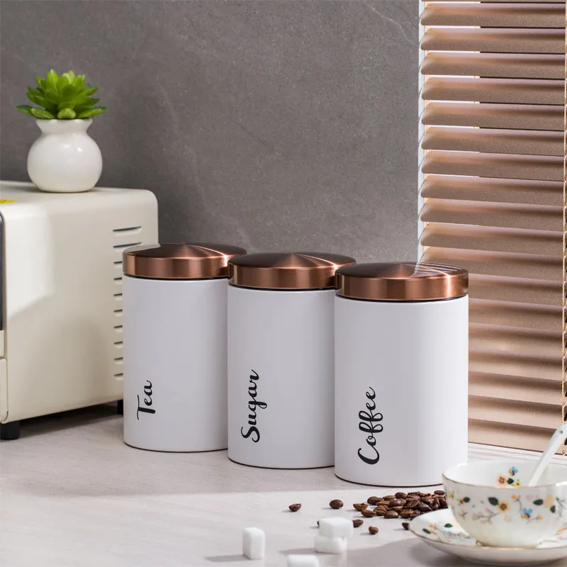 Modern Design 3-Piece White Copper Metal Sealed Food Storage Container Set for Coffee Beans Sugar Tea