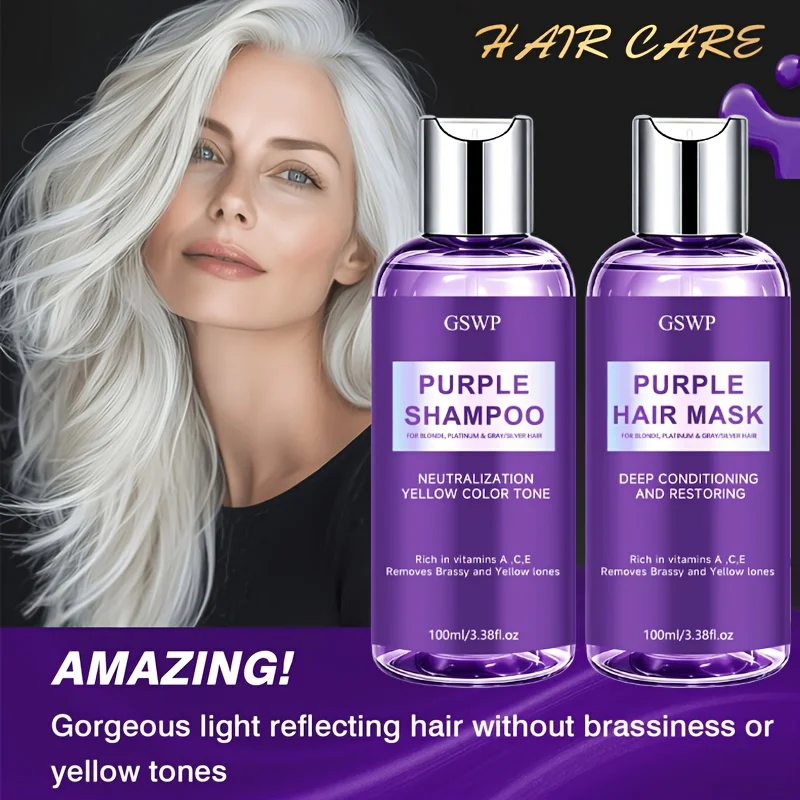 GSWP Purple Shampoo & Hair Mask Set, Neutralize Yellow & Brassy Tones, Deep Conditioning Repair Damaged Hair.100+100ml