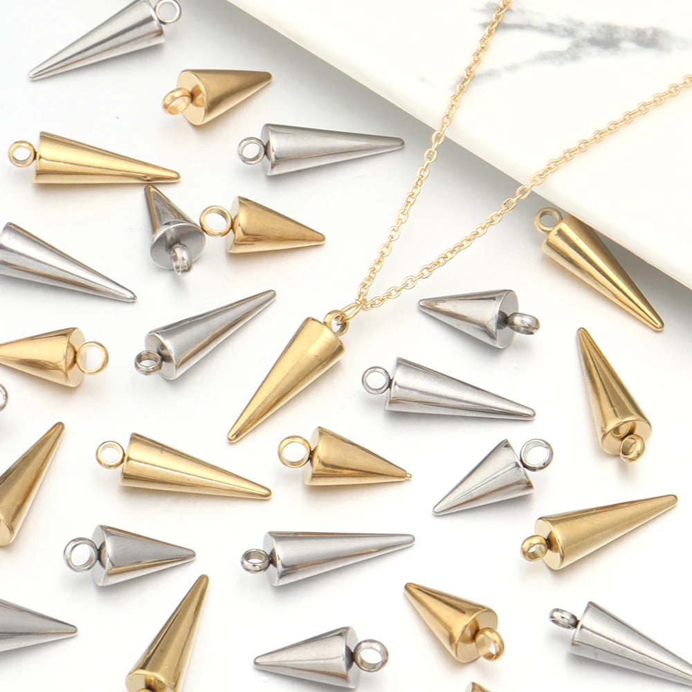 10pcs Stainless Steel Pointed Cone Pendant Bead Gold/Silver Fashionable and Versatile DIY Jewelry Earring Necklace Accessories