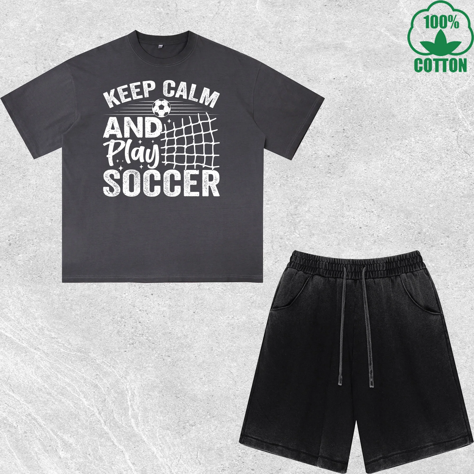 

Keep Calm Soccer Printed Dirty Wash T-Shirt Shorts Set Multicolor Combo Loose Trendy Fashionable 100%Cotton