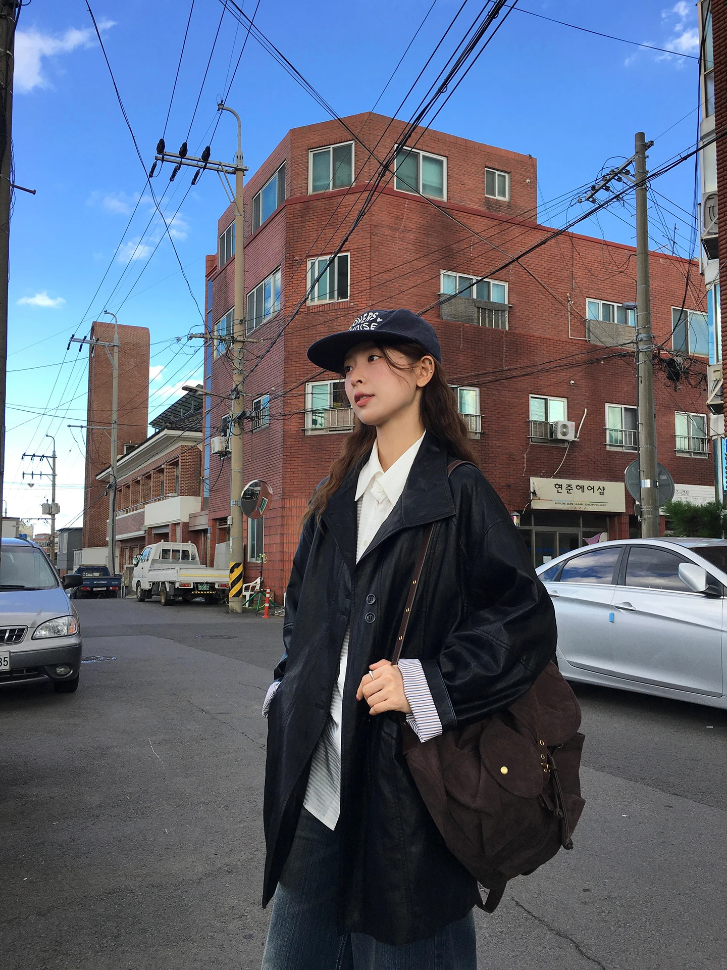 

WHYSTUDIO American Retro Lapel Leather Jaet Women's Loose Lazy Classic Bla Coat Autumn New Sle Youth Faion