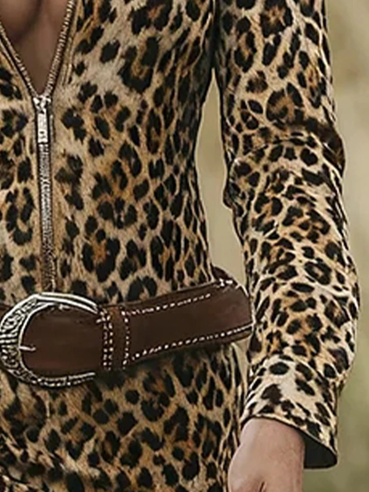 

Western Retro Leopard Print Tassel Dresses Women Turn-down Collar Half Zipper Slim Hips Dress Fall Long Sleeve Fringe Hem Dress