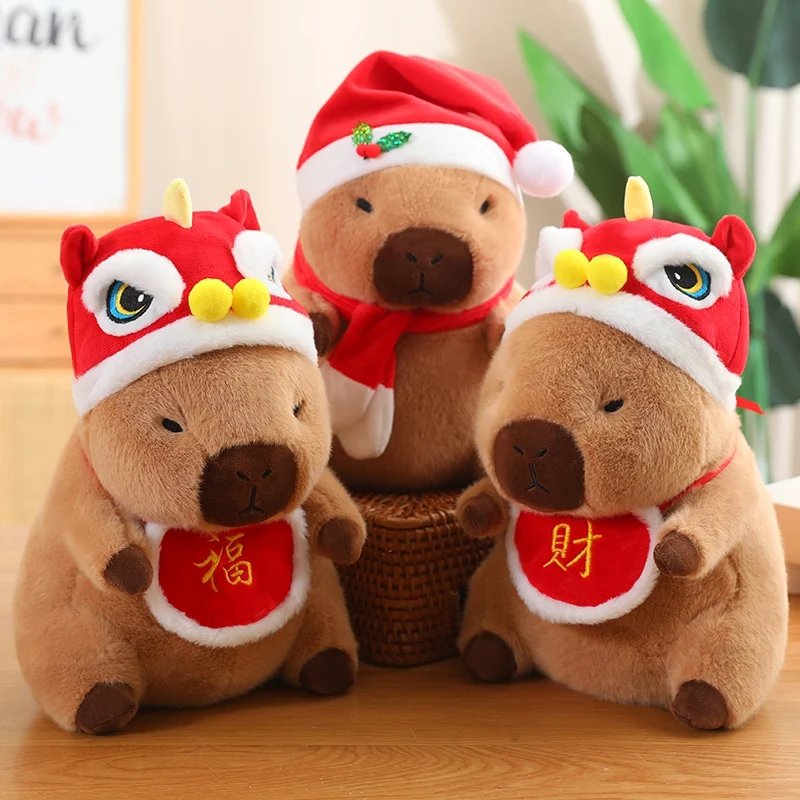 Capibara de Navidad de dibujos animados de alta calidad, almohada de muñeco de peluche, sombrero de Papá Noel, sombrero de León, babero de la suerte, capibara, juguete de peluche, decoración del hogar