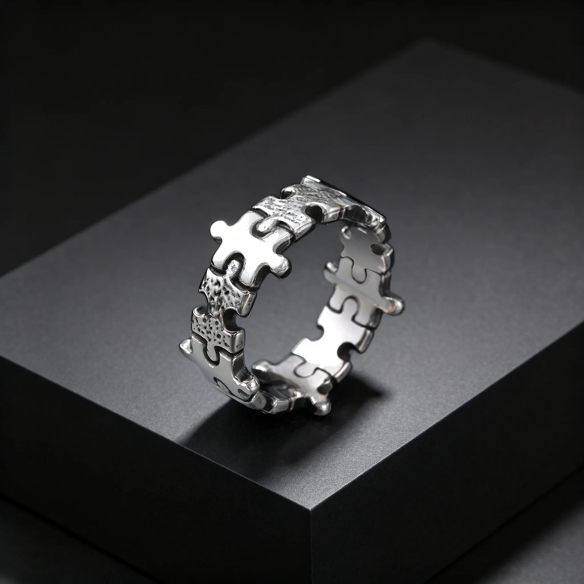 Simple Creative Silver Color Stainless Steel Hammered Jigsaw Puzzle Ring for Men Stylish Punk Finger Jewelry Size 7-11