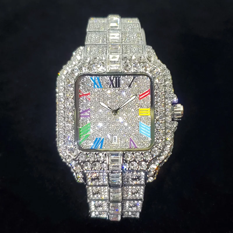 2025 New Luxury Diamond Watch Men Fashion Iced Out Square Colorful Number Watches Hip Hop Bling Jewelry Reloj Hombre for Party