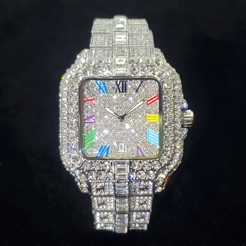 Imagen 1 del producto 2025 nuevo Reloj de lujo con diamantes para Hombre, relojes cuadrados coloridos con números a la moda, joyería ostentosa de Hip Hop, Reloj para Hombre para fiesta