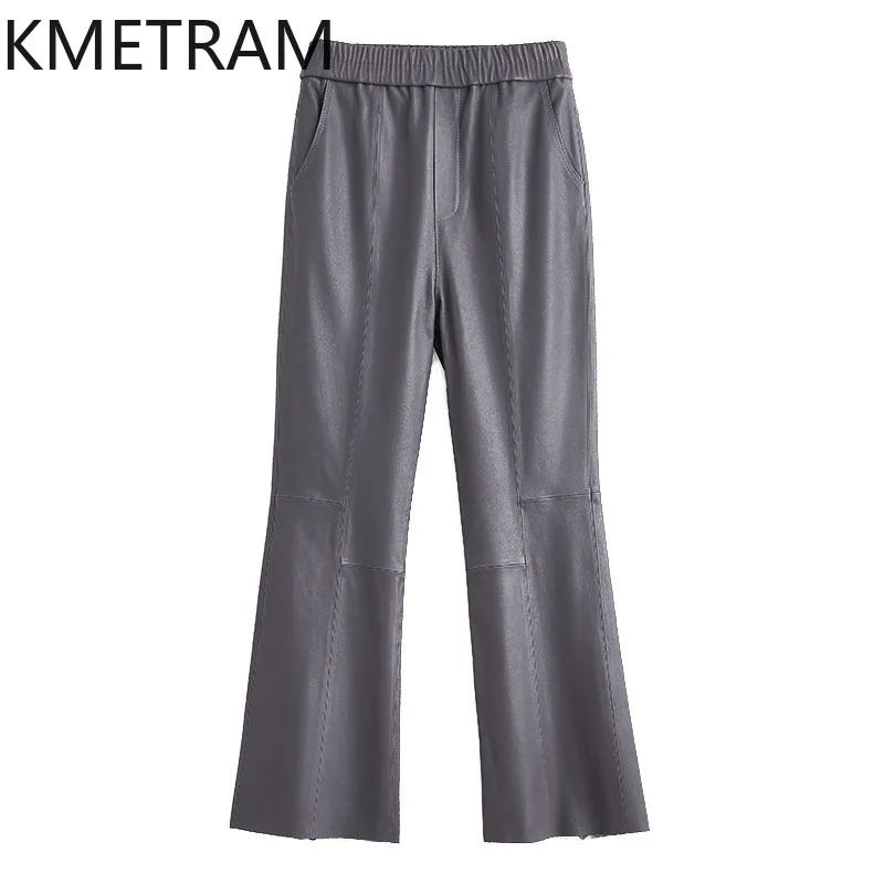 KMETRAM Strench Sheepskin Genuine Leather Pants Woman High Waist Trousers Autumn Winter Pants for Woman Flared Pantalones 슬랙스
