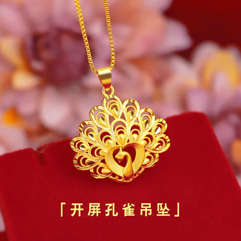 Luxury 24K 9999 Pure Gold real gold Peacock Open Screen Pendant Women's Water Wave Necklace