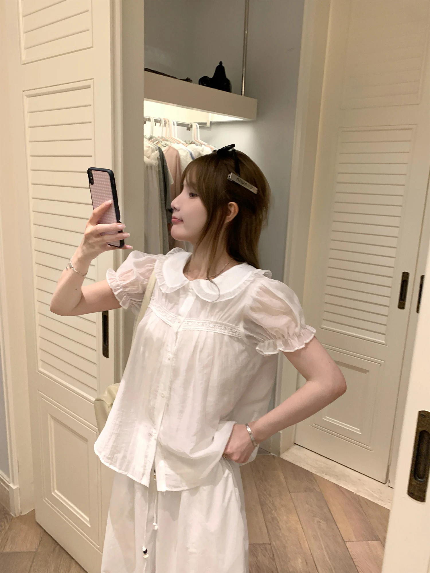 

Белая рубашка с пышными рукавами и воротником-стойкой в корейском стиле, для повседневной носки, летняя новинка, женская, стандартной длины