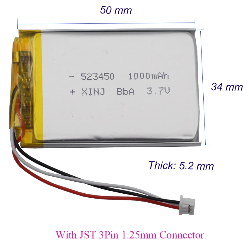 3.7V 1000mAh 3.7Wh 523450 JST 3Pin 1.25mm termistor NTC isi ulang baterai Lipo Li polimer untuk GPS Bluetooth Speaker DashCam