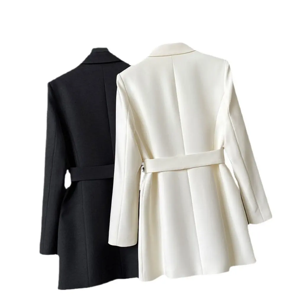 

Women's Mid-Length Slimming Double-breasted Suit Jacket Solid Color Tight Waist Fashion Top for Spring And Autumn