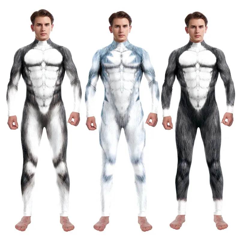 

Funny Animal Husky Fox Wolf Printed Cosplay Costume 3D Zentai Suits Halloween Party Jumpsuit for Adult Male Bodysuits Outfits