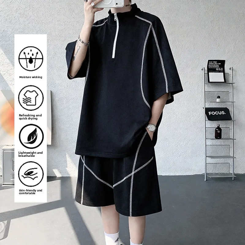 

Summer Hooded T Shirt +shorts Suit Thin Sunscreen Male High Street Tracksuit Oversized Zipper T-shirt Shorts Trendy Cargo Outfit