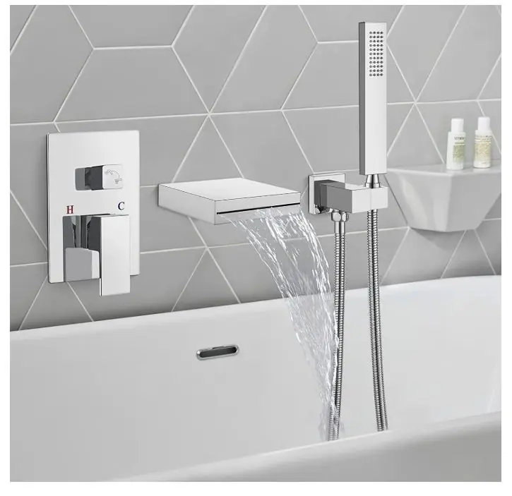 Black Brass waterfall basin bathtub shower faucet with concealed control valve