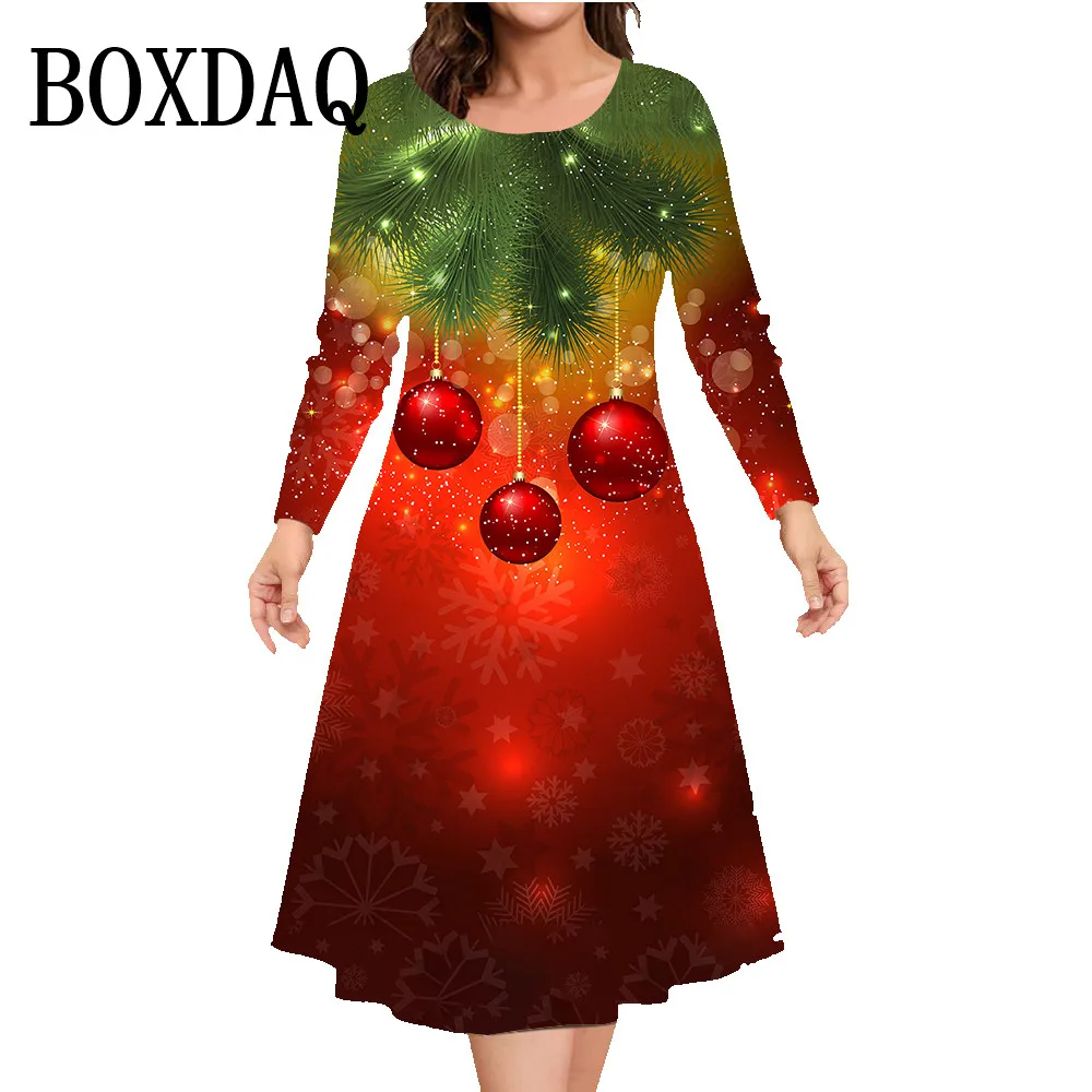 Women Party Dresses Elegant Fashion 3D Printed Dress Santa Claus Long Sleeve Christmas Winter Happy New Year Ladies A-Line Dress