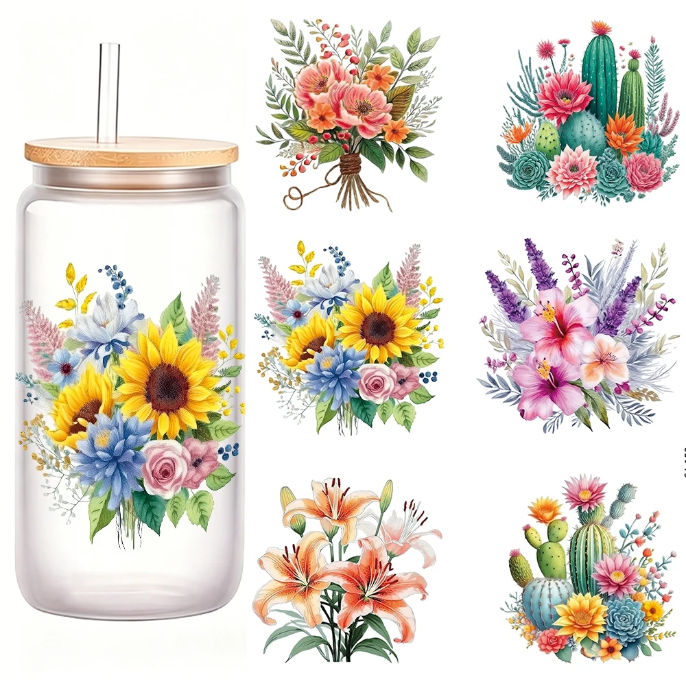 6pcs Sunflower Cactus Azaleas Lilies UV DTF Cup Wrap Transfers Stickers Pink Roses Candle Bonsai Sticker For Tumbler Glass Water